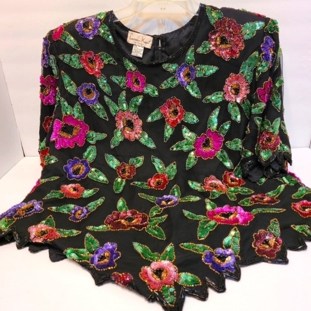 Laurence Kazar NY black floral sequin top, size‎ 2X